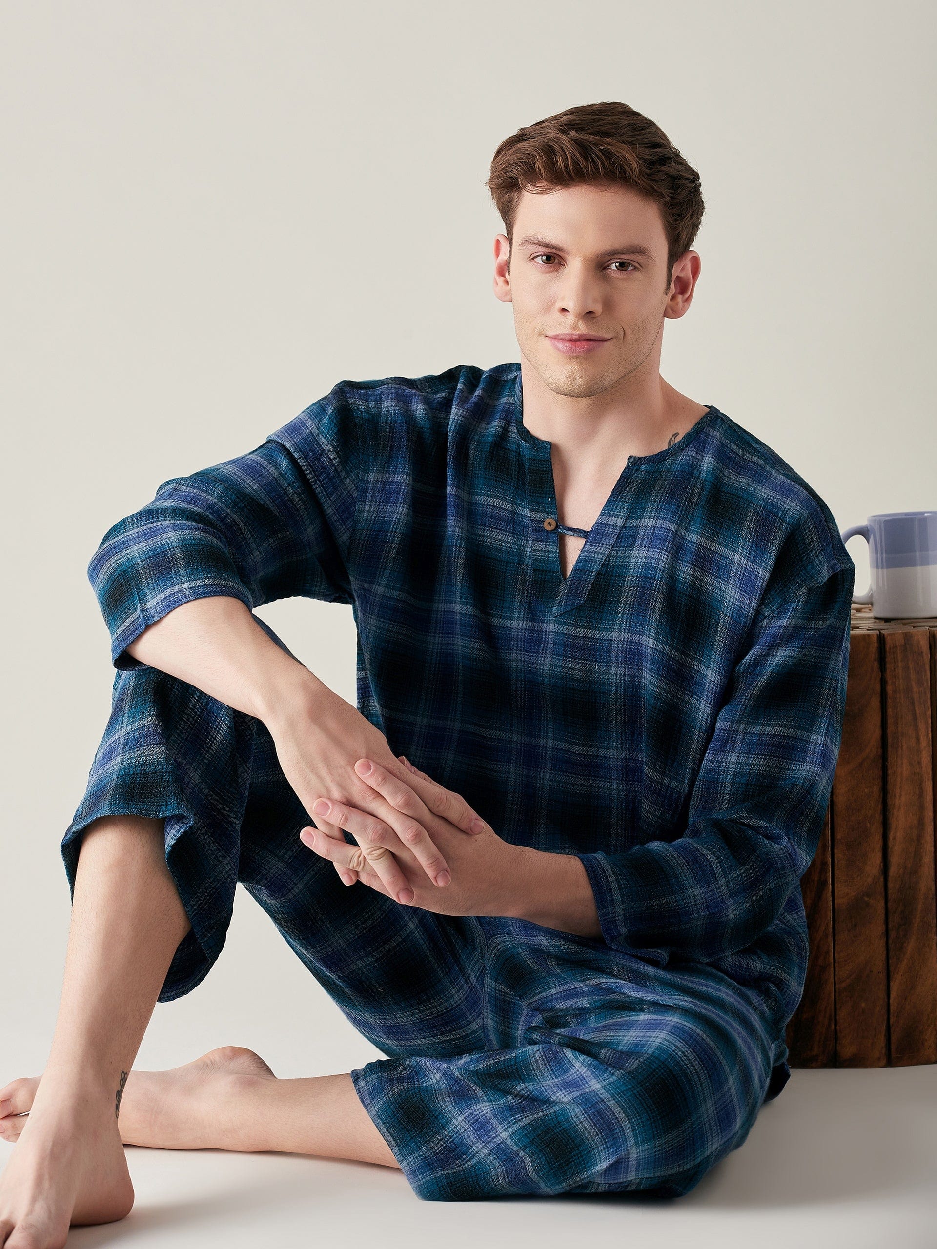 The Kaftan Company Pyjama Set Mens Pure Cotton Supersoft Blue Plaid Pyjama Set