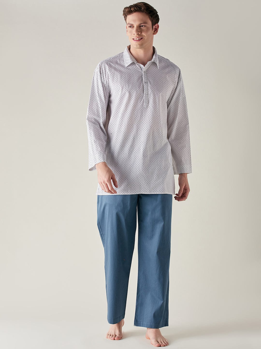 The Kaftan Company Pyjama Set Mens White and Blue Cotton Supersoft Luxury Lounge Set