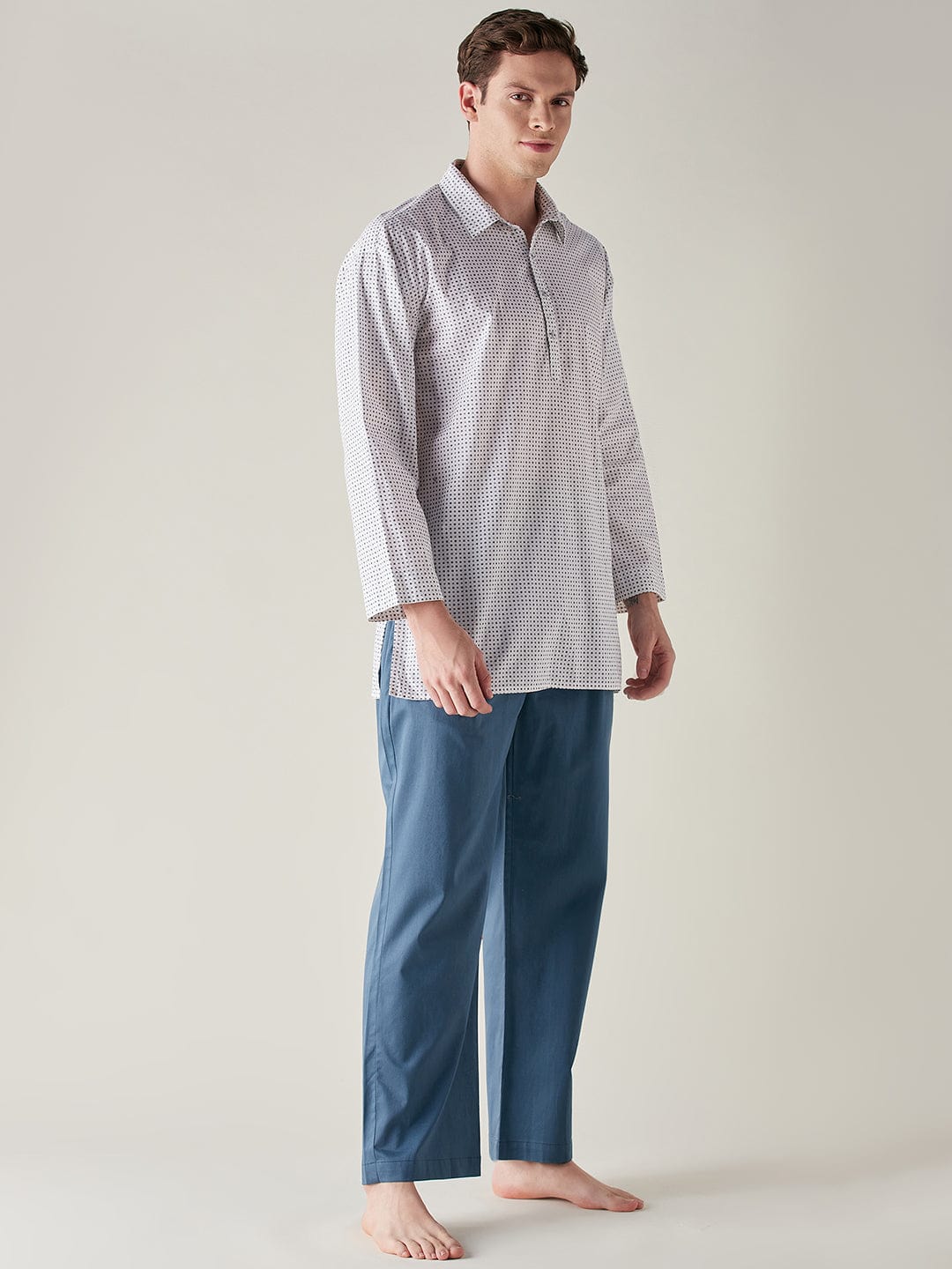 The Kaftan Company Pyjama Set Mens White and Blue Cotton Supersoft Luxury Lounge Set