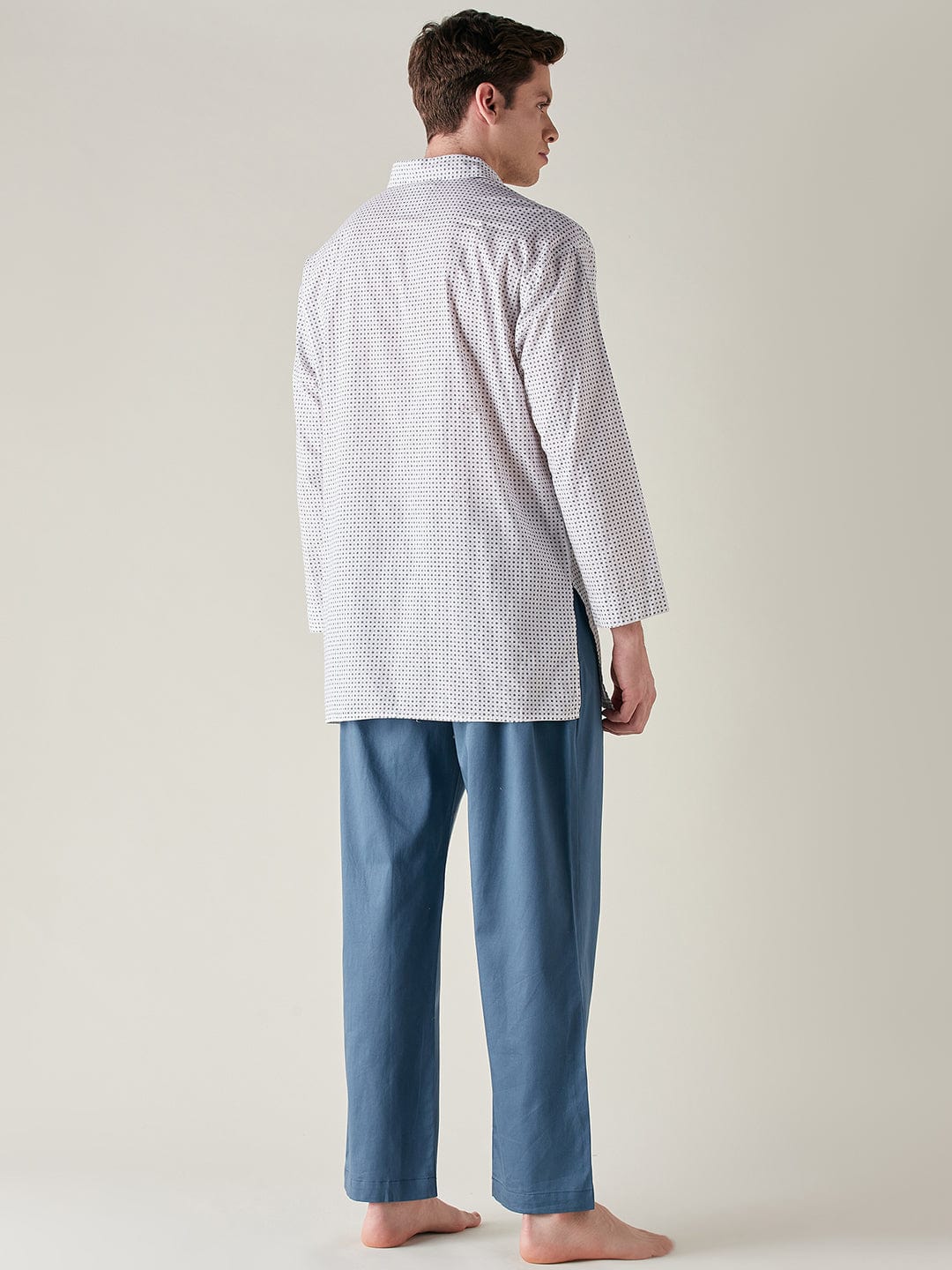 The Kaftan Company Pyjama Set Mens White and Blue Cotton Supersoft Luxury Lounge Set