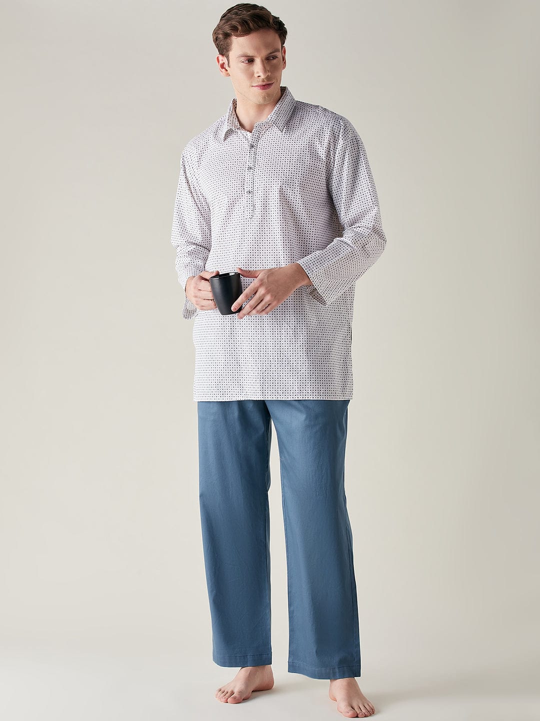 The Kaftan Company Pyjama Set Mens White and Blue Cotton Supersoft Luxury Lounge Set