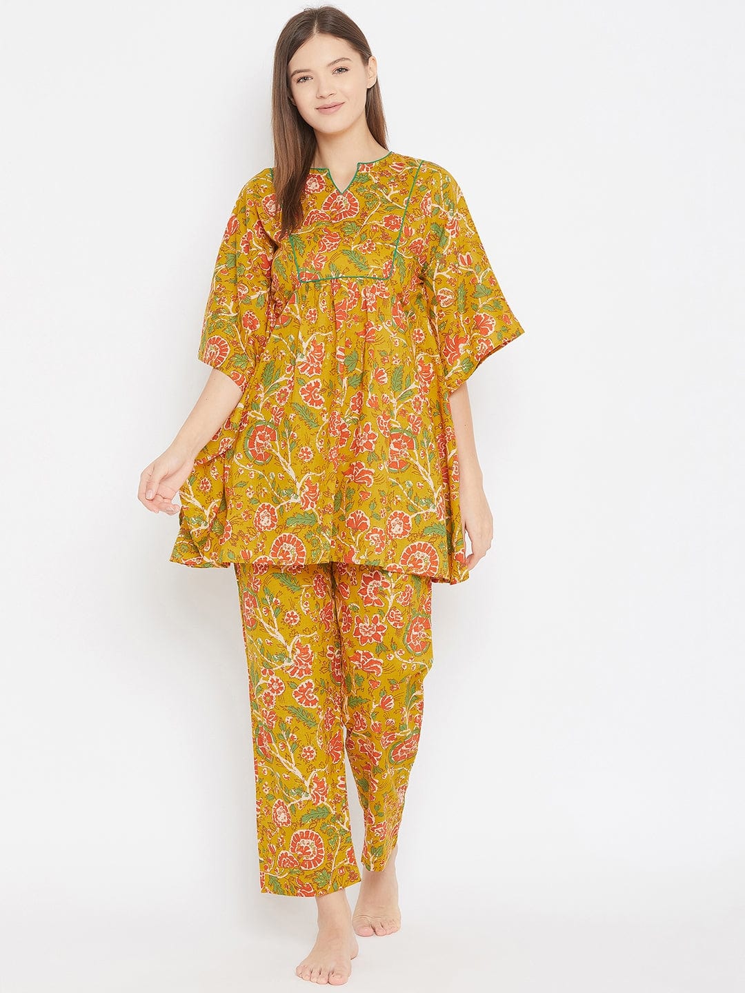 The Kaftan Company Pyjama Set Mustard Floral Kaftan Pyjama Lounge Set - (Clearance - Final Sale)