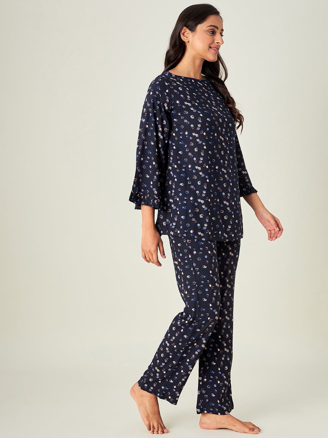 The Kaftan Company Pyjama Set Navy Blue Origami Viscose Rayon Loungeset
