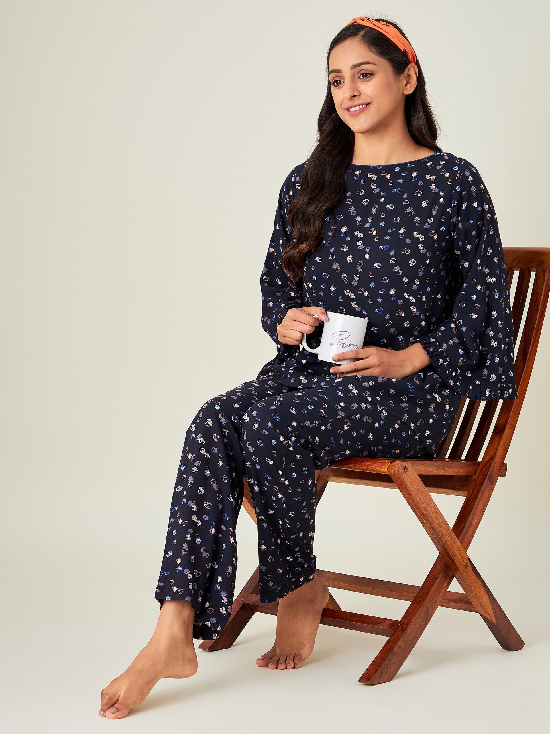 The Kaftan Company Pyjama Set Navy Blue Origami Viscose Rayon Loungeset