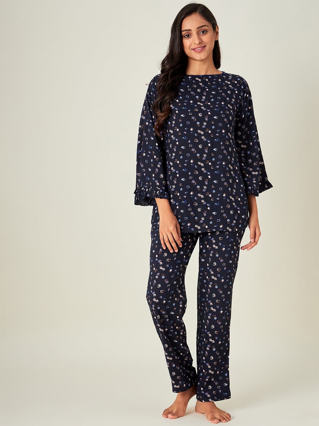 The Kaftan Company Pyjama Set Navy Blue Origami Viscose Rayon Loungeset