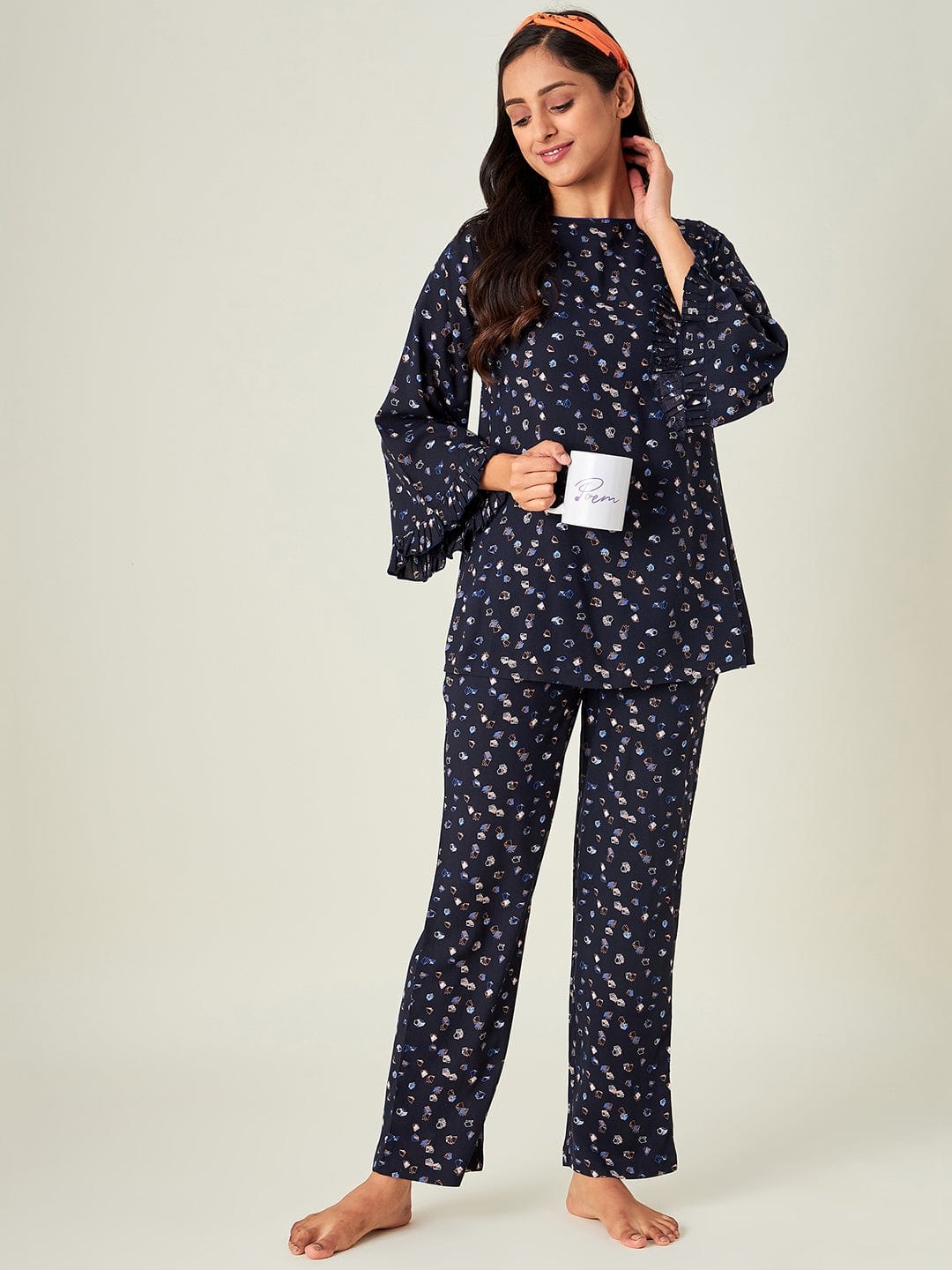 The Kaftan Company Pyjama Set Navy Blue Origami Viscose Rayon Loungeset
