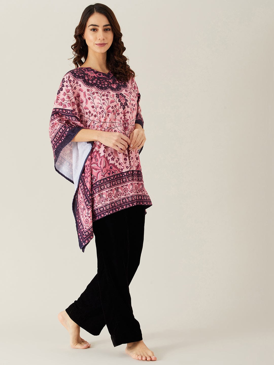 The Kaftan Company Pyjama Set Pink and Black Baroque Motifs Velvet Pyjama Set (Final Sale)
