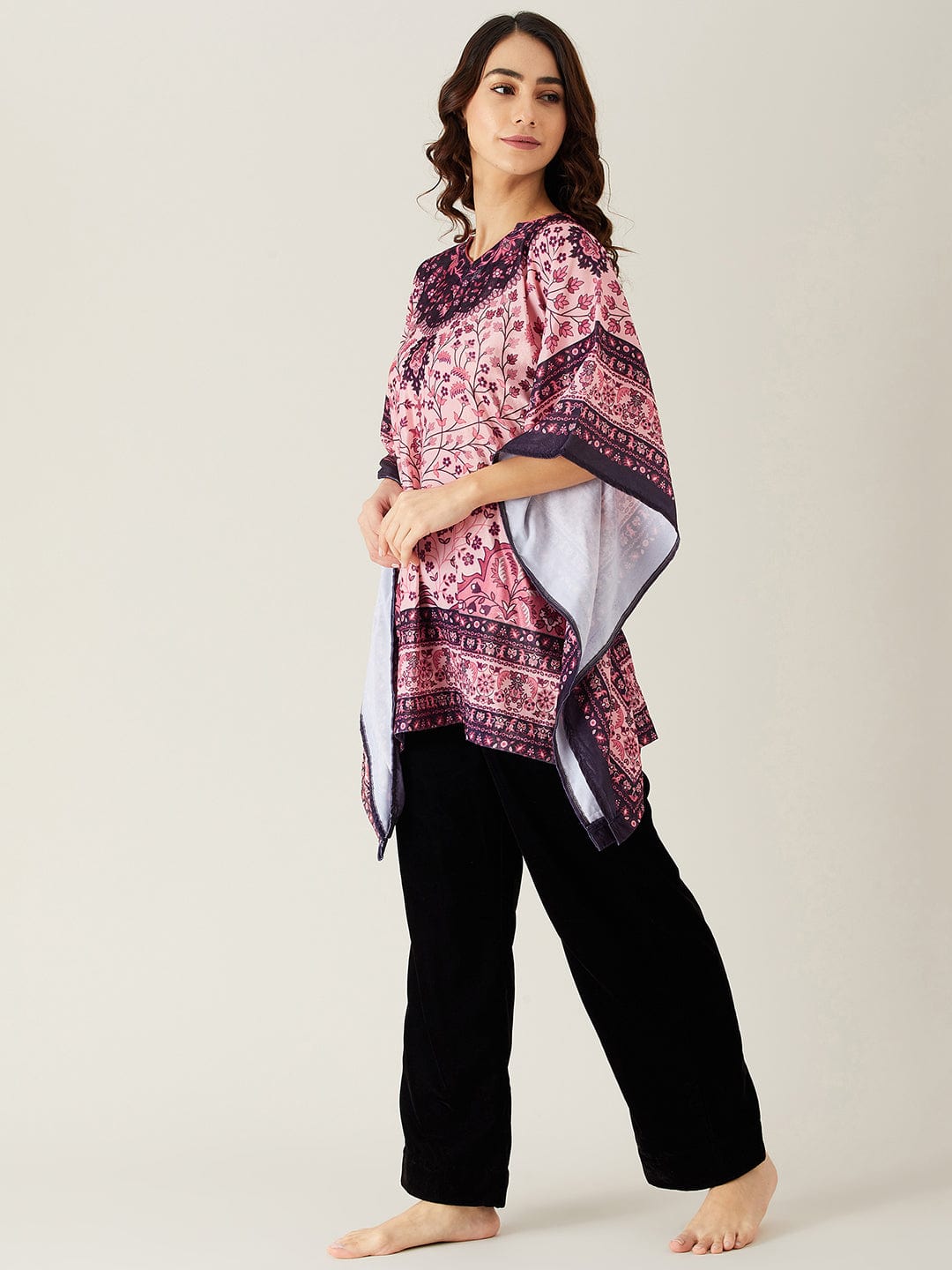 The Kaftan Company Pyjama Set Pink and Black Baroque Motifs Velvet Pyjama Set (Final Sale)