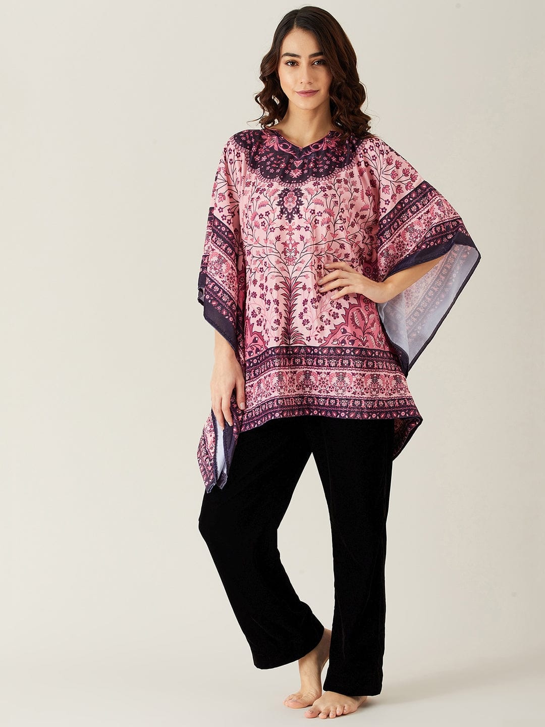 The Kaftan Company Pyjama Set Pink and Black Baroque Motifs Velvet Pyjama Set (Final Sale)