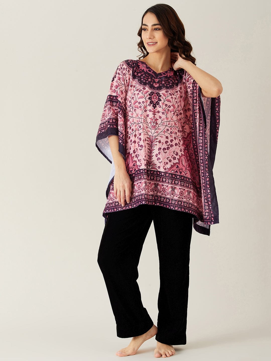 The Kaftan Company Pyjama Set Pink and Black Baroque Motifs Velvet Pyjama Set (Final Sale)