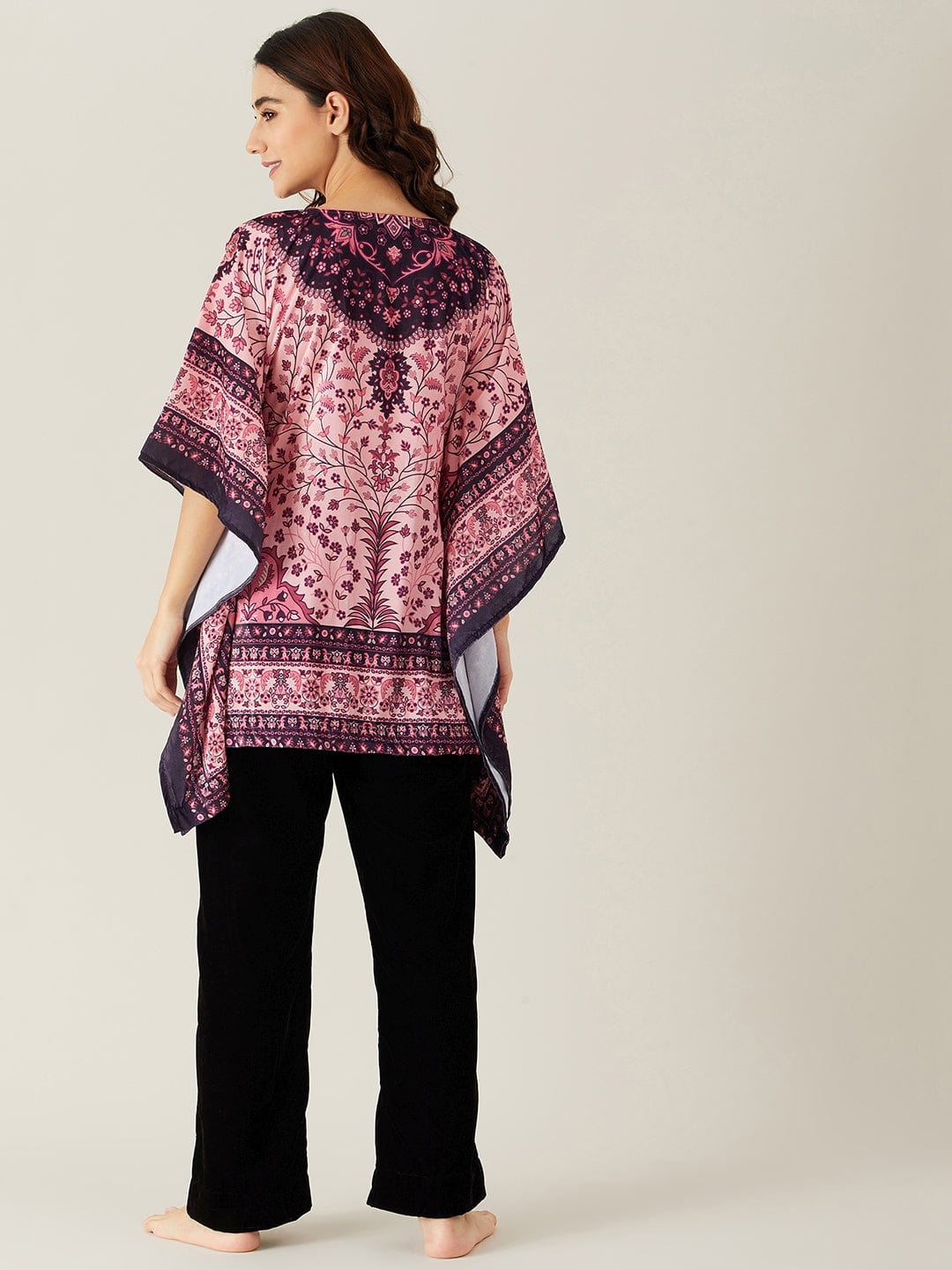 The Kaftan Company Pyjama Set Pink and Black Baroque Motifs Velvet Pyjama Set (Final Sale)