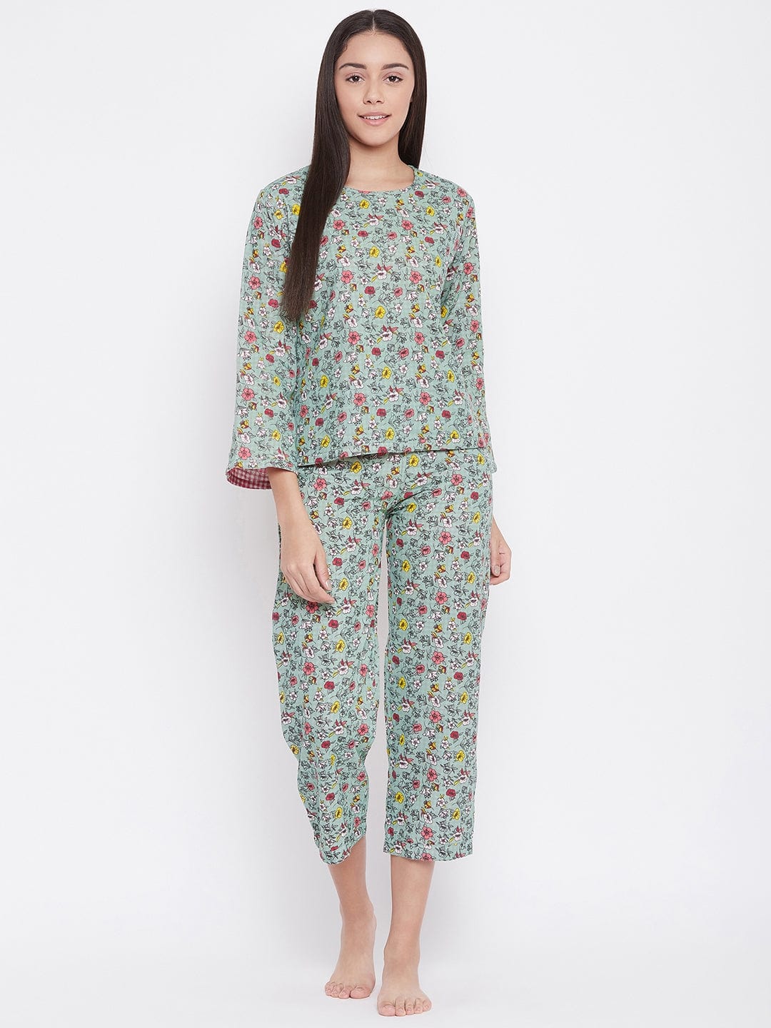 The Kaftan Company Pyjama Set Plaids and Flora Reversible Lounge Set