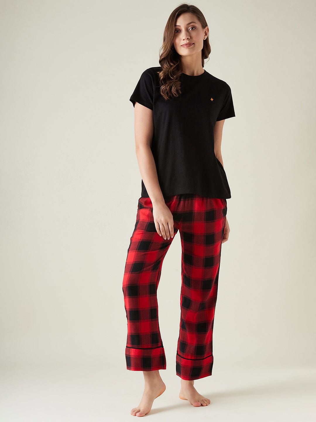 The Kaftan Company Pyjama Set Red plaid lounge set with t-shirt