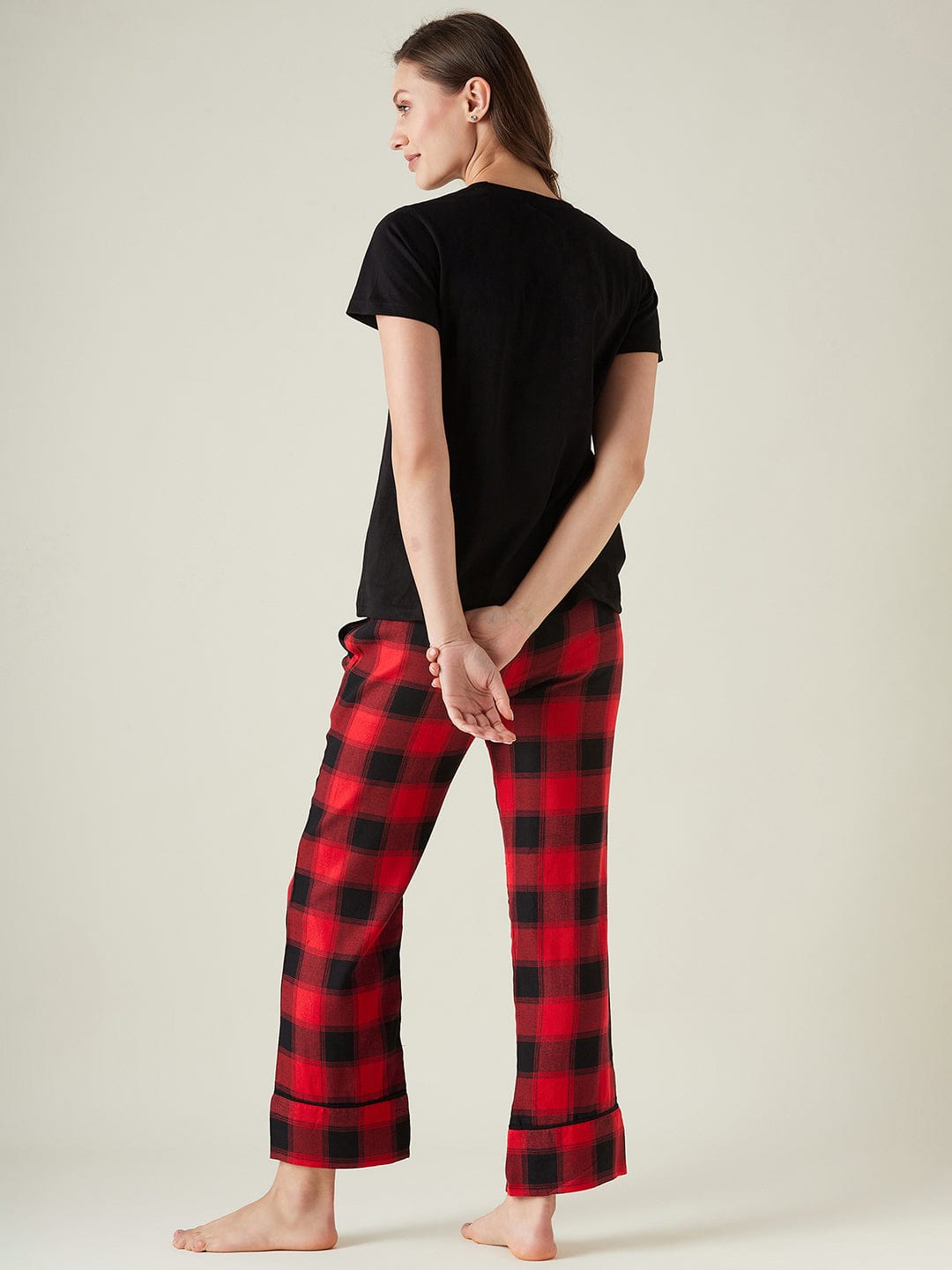 The Kaftan Company Pyjama Set Red plaid lounge set with t-shirt