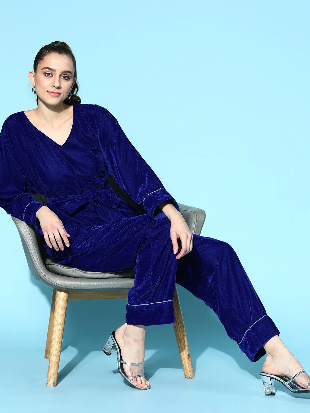 The Kaftan Company Pyjama Set Royal Blue Velvet Loungeset