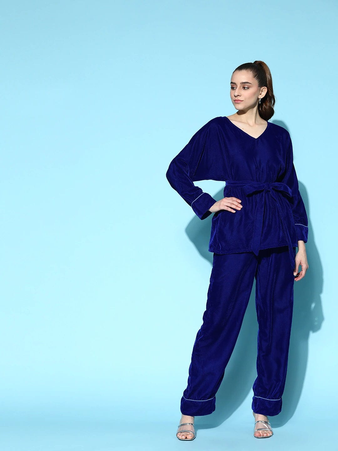 The Kaftan Company Pyjama Set Royal Blue Velvet Loungeset