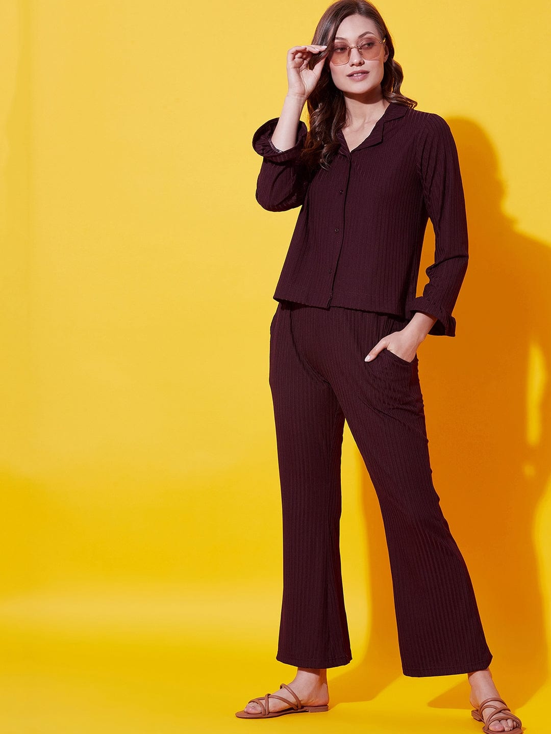 The Kaftan Company Pyjama Set Wine big rib collar co-ord set