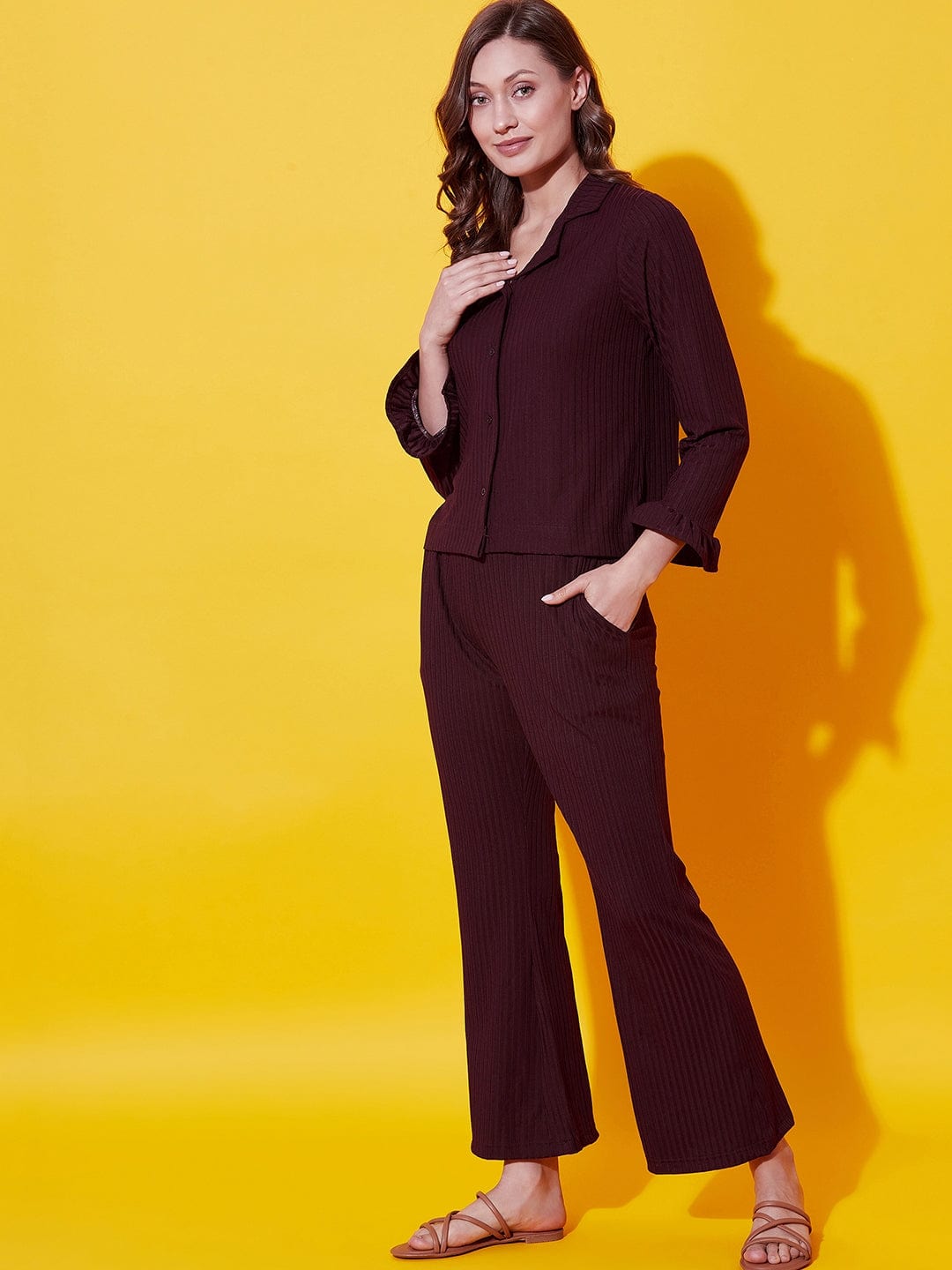 The Kaftan Company Pyjama Set Wine big rib collar co-ord set