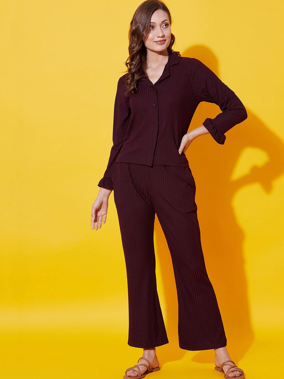 The Kaftan Company Pyjama Set Wine big rib collar co-ord set