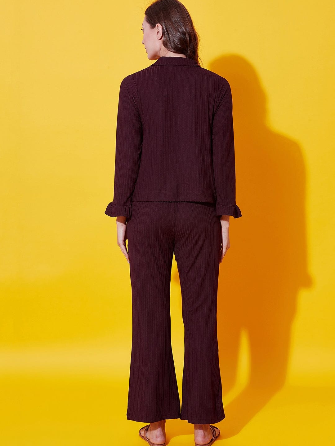 The Kaftan Company Pyjama Set Wine big rib collar co-ord set