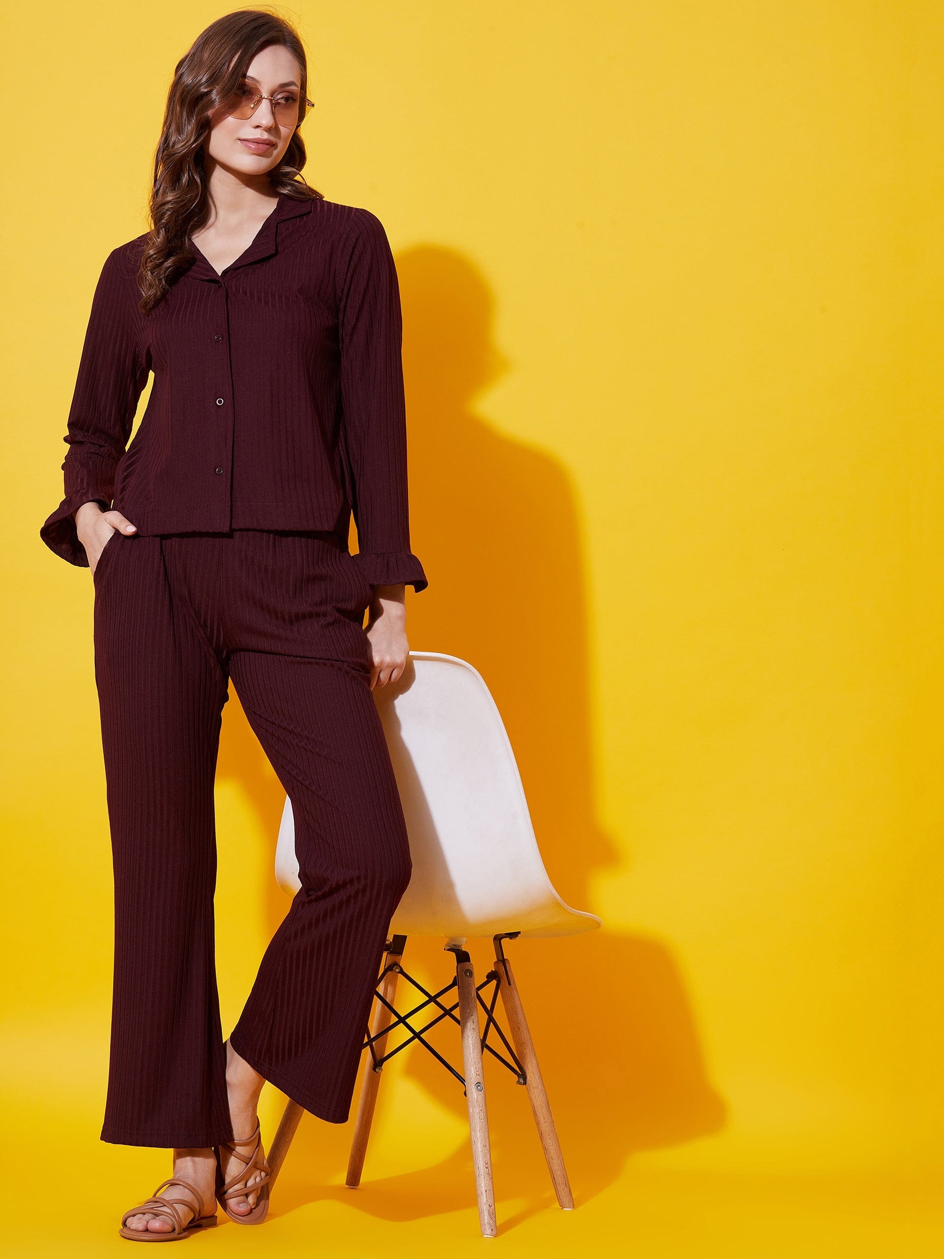 The Kaftan Company Pyjama Set Wine big rib collar co-ord set