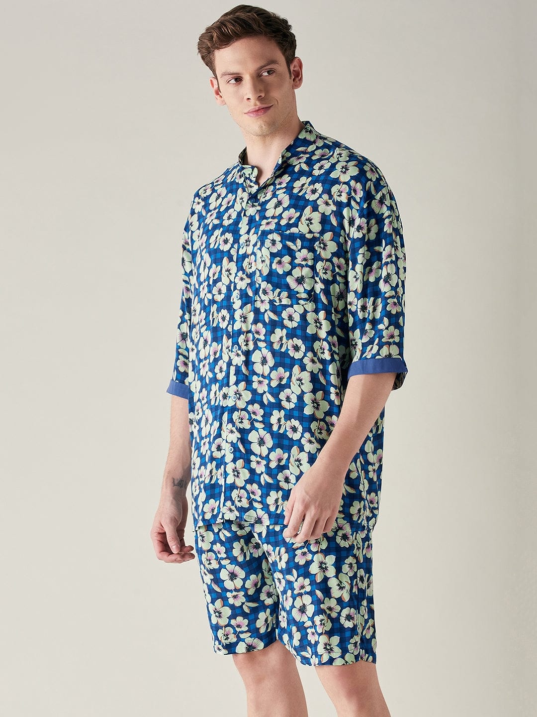 The Kaftan Company Shorts Set Mens Modal Supersoft Blue Floral Print Shorts Set