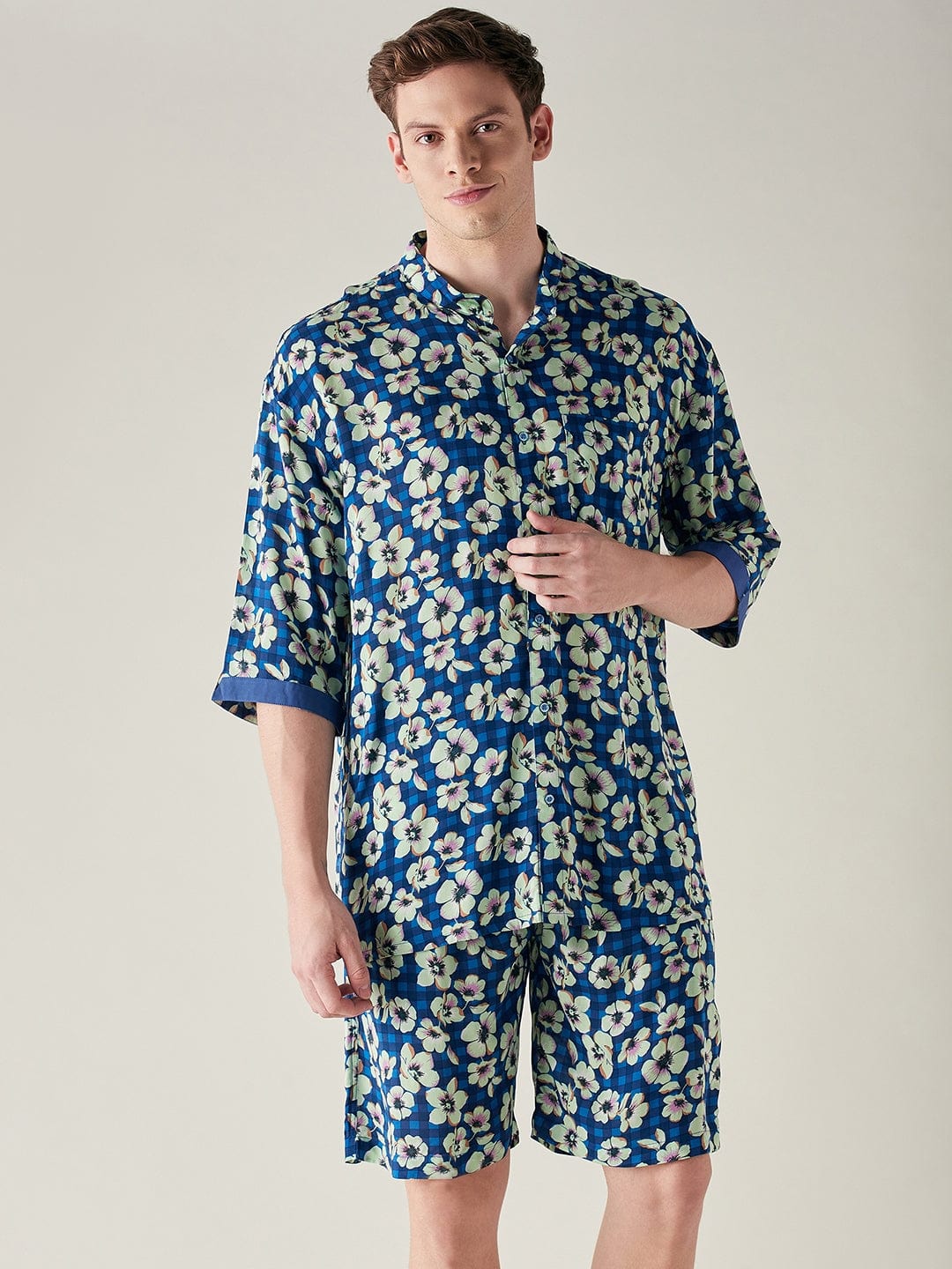 The Kaftan Company Shorts Set Mens Modal Supersoft Blue Floral Print Shorts Set