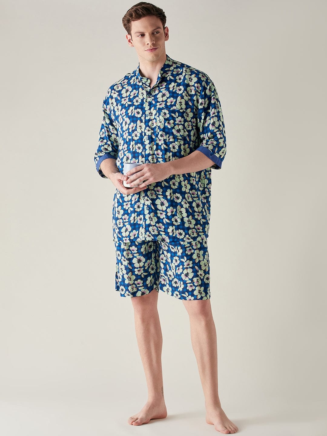 The Kaftan Company Shorts Set Mens Modal Supersoft Blue Floral Print Shorts Set