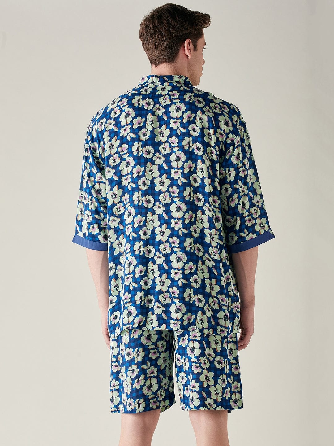The Kaftan Company Shorts Set Mens Modal Supersoft Blue Floral Print Shorts Set