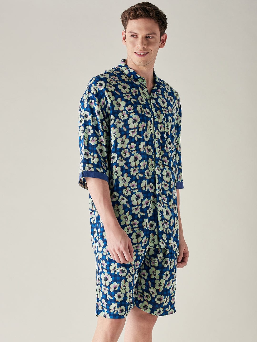 The Kaftan Company Shorts Set Mens Modal Supersoft Blue Floral Print Shorts Set