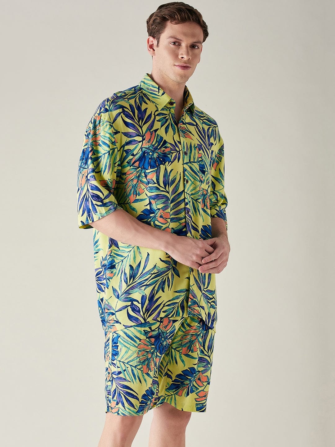 The Kaftan Company Shorts Set Mens Modal Supersoft Yellow Tropical Print Shorts Set