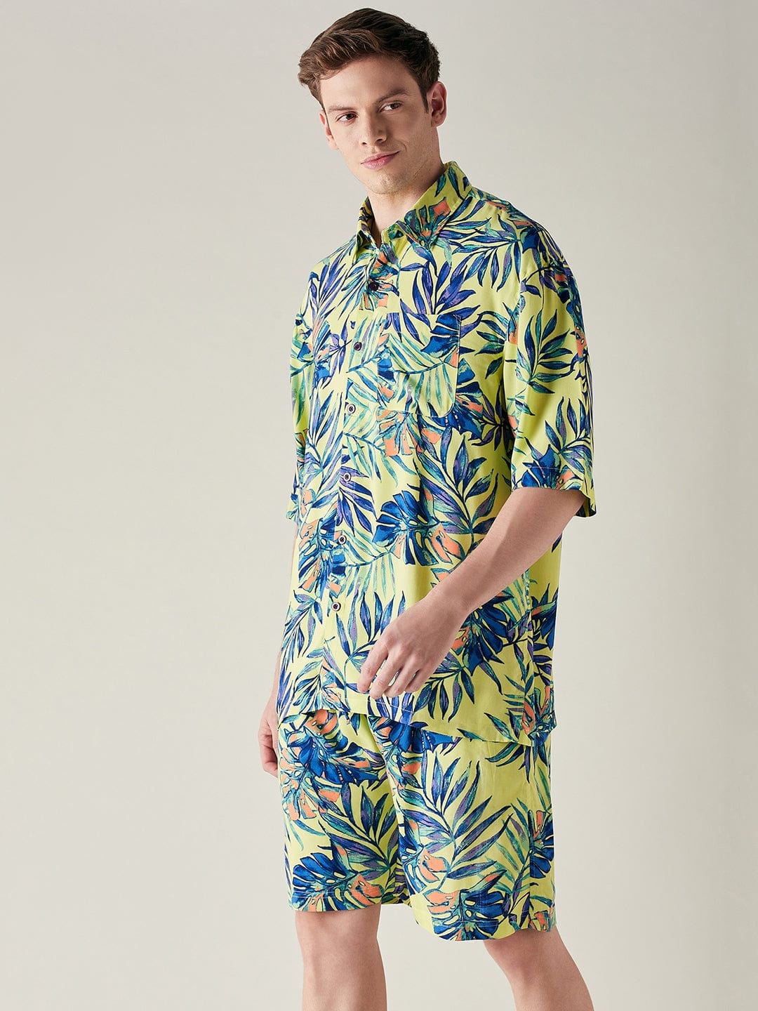 The Kaftan Company Shorts Set Mens Modal Supersoft Yellow Tropical Print Shorts Set