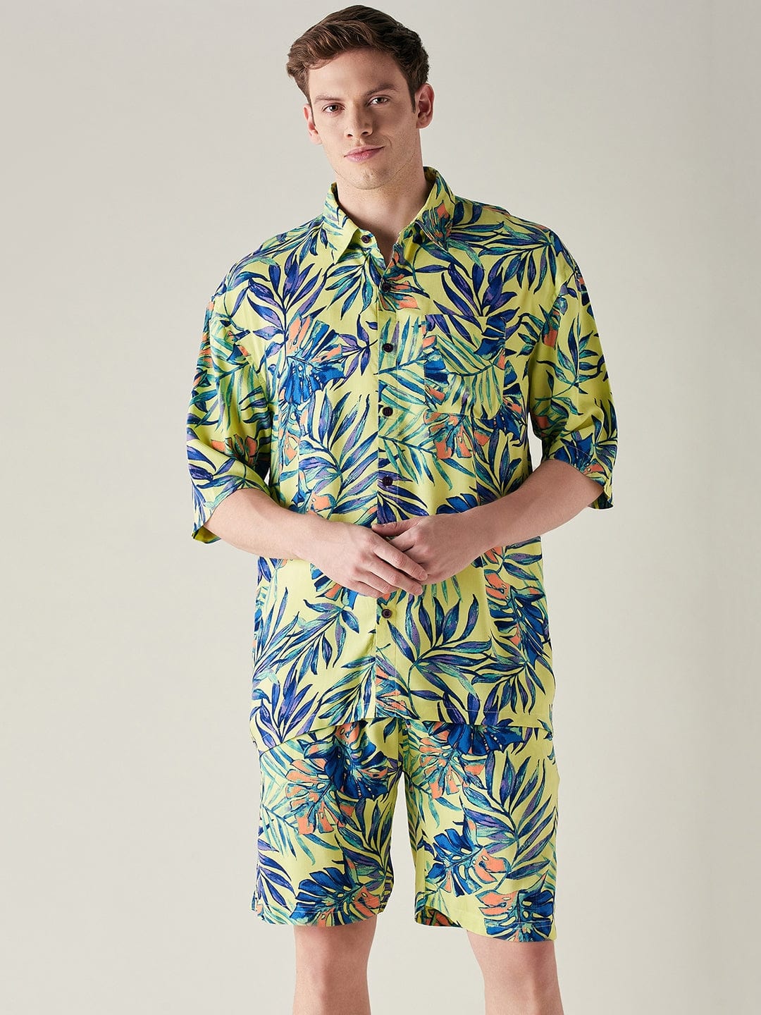The Kaftan Company Shorts Set Mens Modal Supersoft Yellow Tropical Print Shorts Set