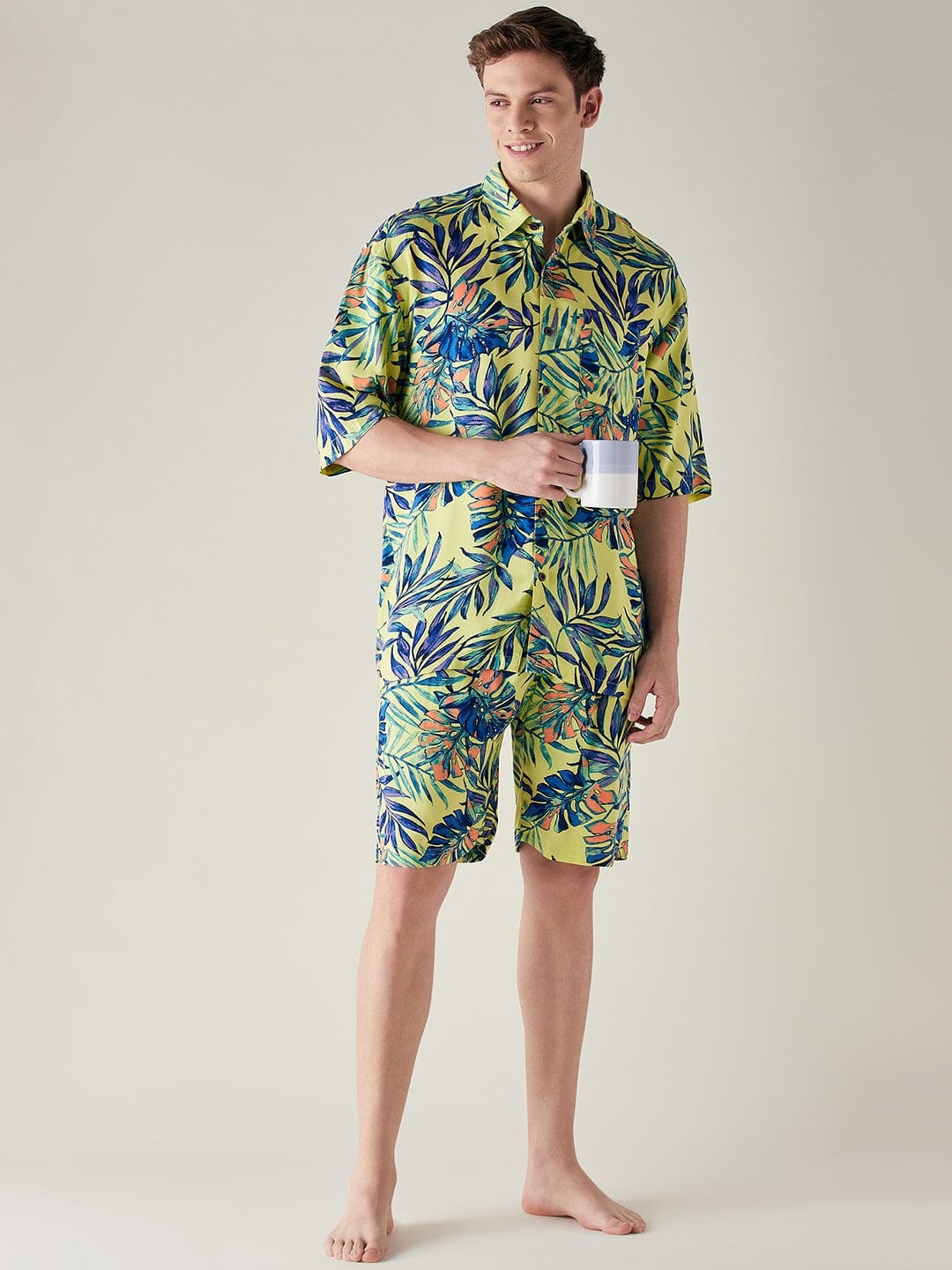 The Kaftan Company Shorts Set Mens Modal Supersoft Yellow Tropical Print Shorts Set