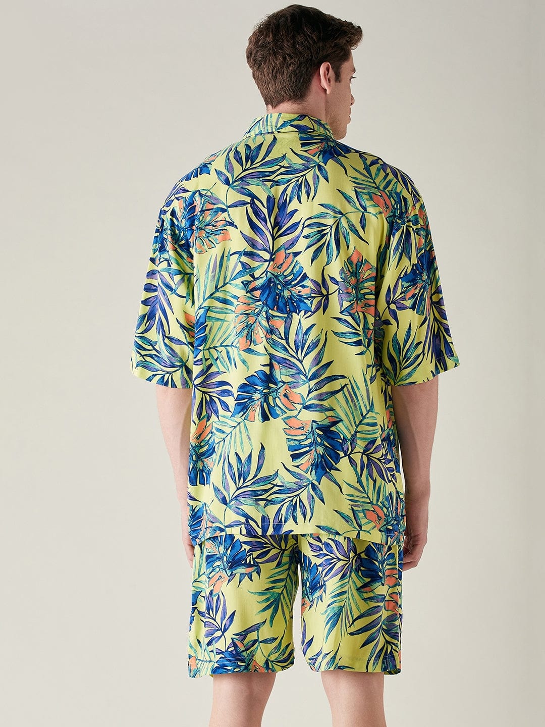 The Kaftan Company Shorts Set Mens Modal Supersoft Yellow Tropical Print Shorts Set