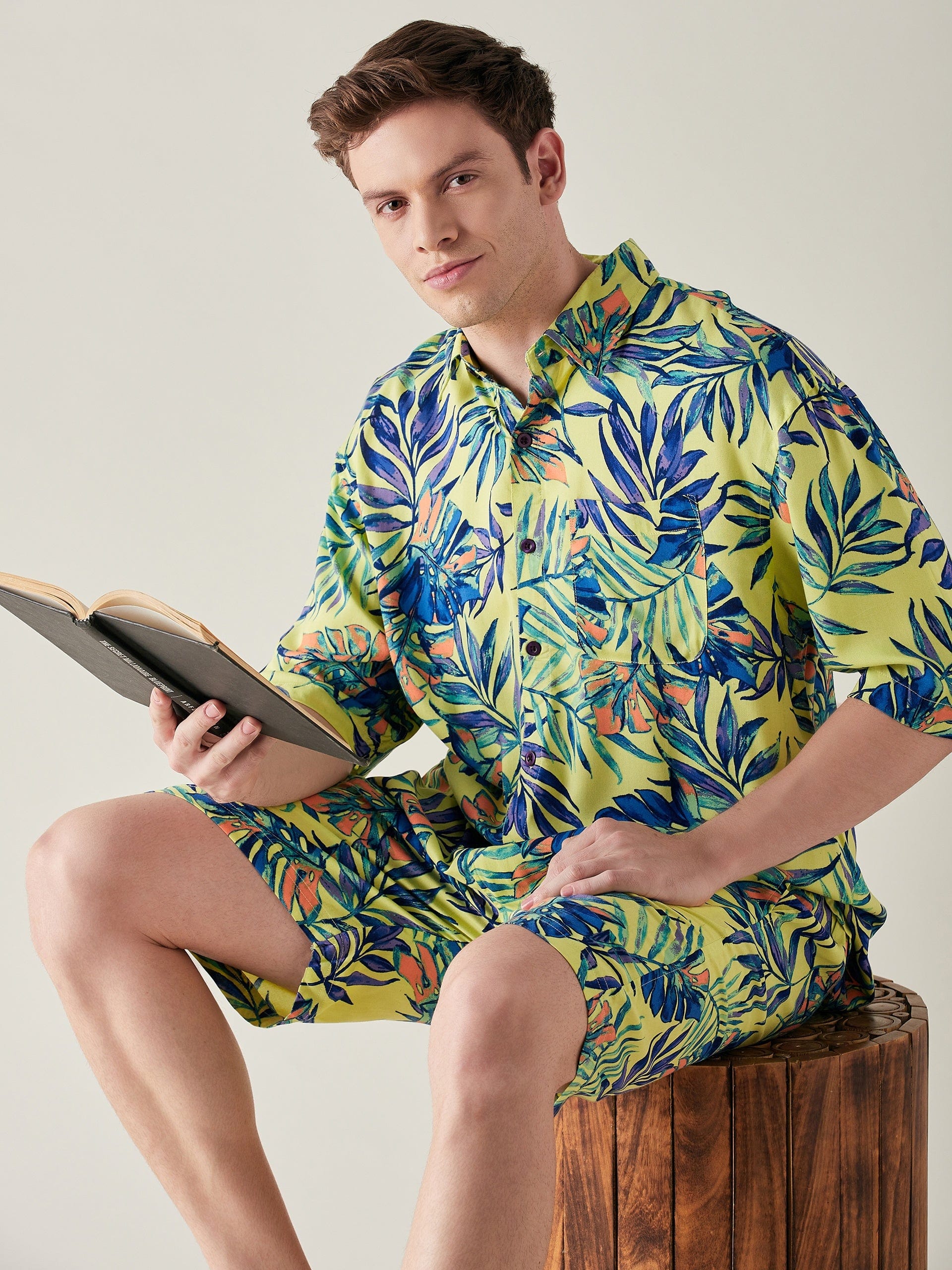 The Kaftan Company Shorts Set Mens Modal Supersoft Yellow Tropical Print Shorts Set