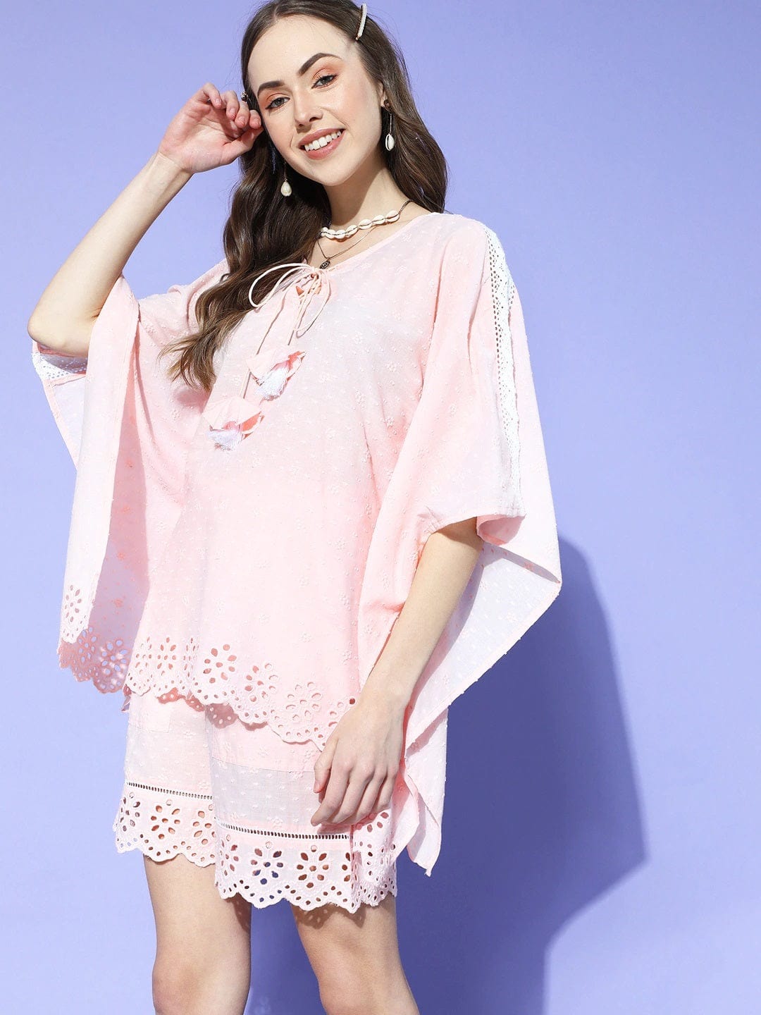 The Kaftan Company Shorts Set Pink Schiffli Cotton Kaftan & Shorts Set