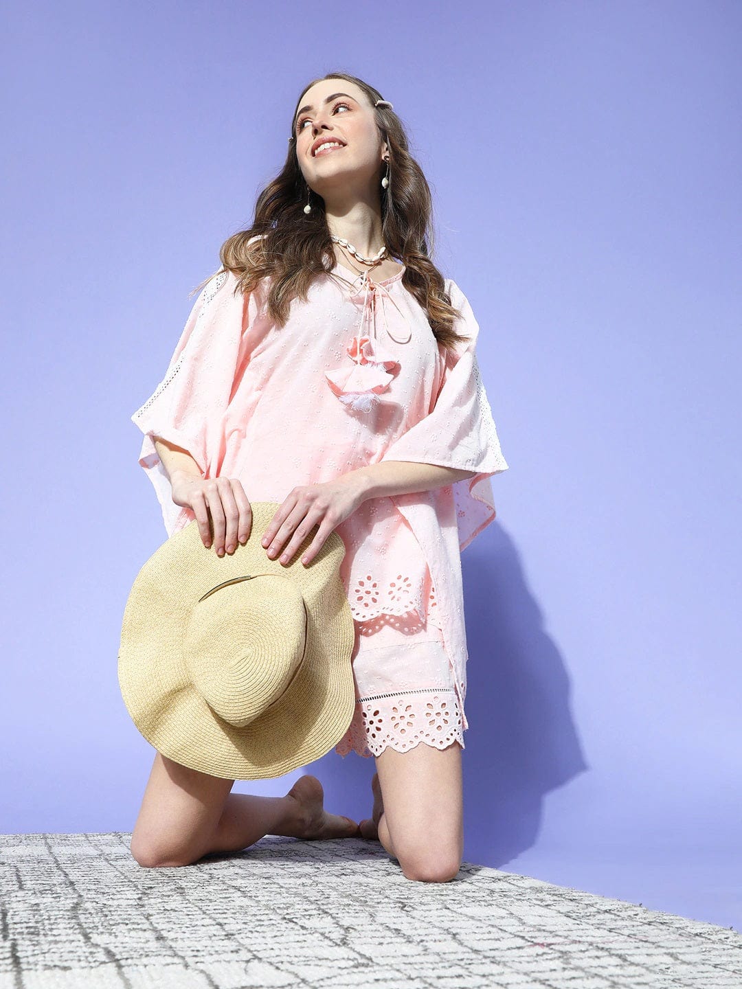 The Kaftan Company Shorts Set Pink Schiffli Cotton Kaftan & Shorts Set