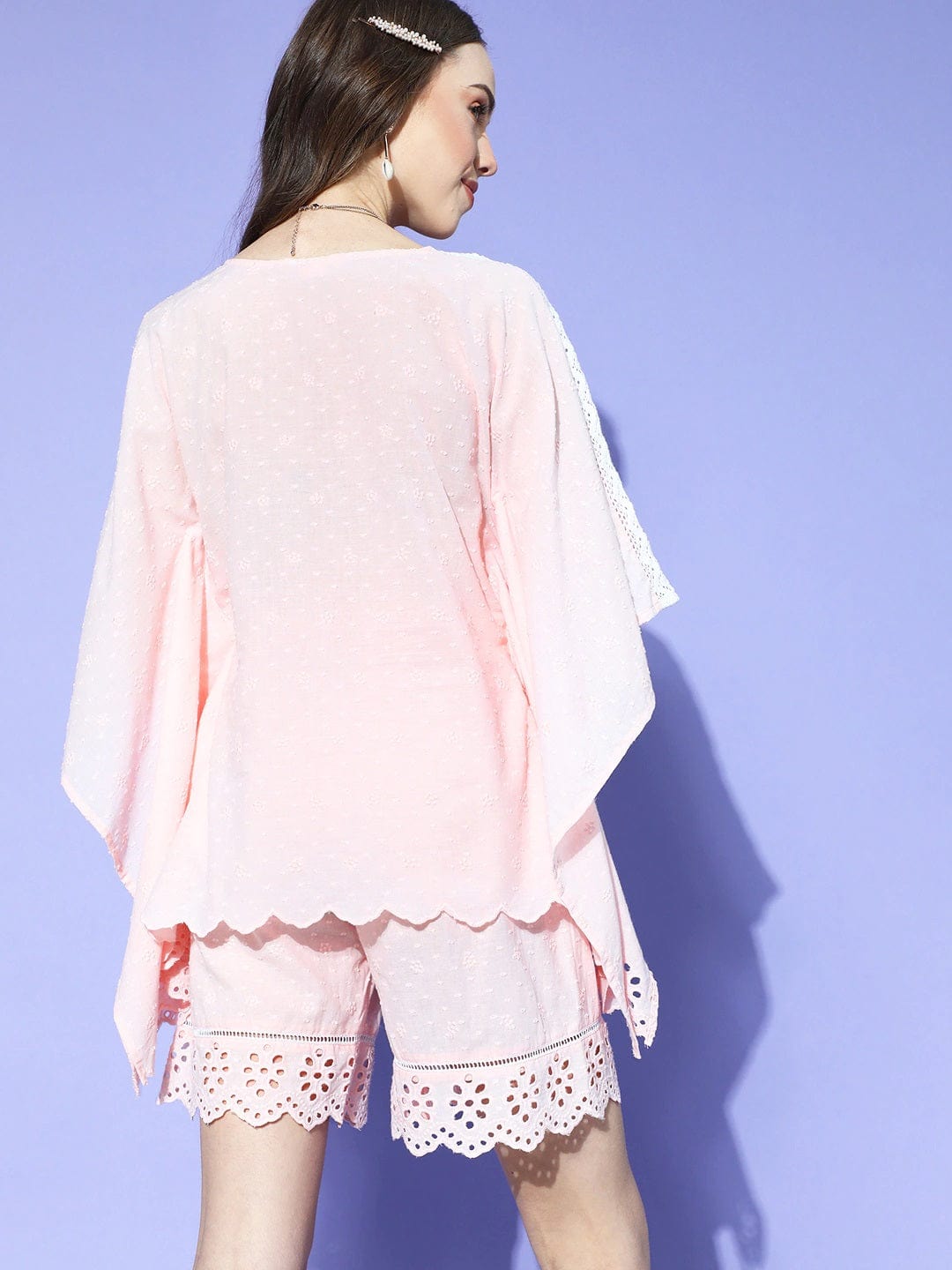 The Kaftan Company Shorts Set Pink Schiffli Cotton Kaftan & Shorts Set
