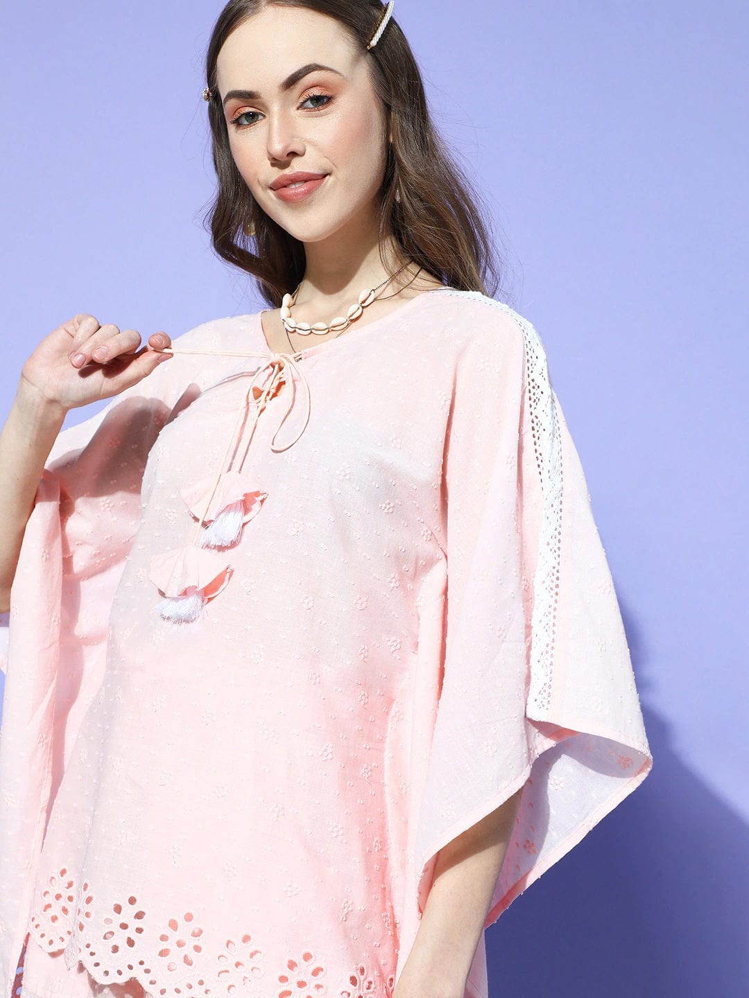 The Kaftan Company Shorts Set Pink Schiffli Cotton Kaftan & Shorts Set