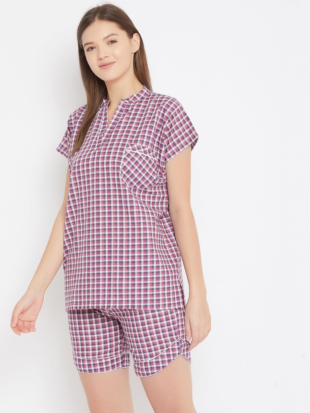 The Kaftan Company Shorts Set Purple Checks Shorts Nightwear Set