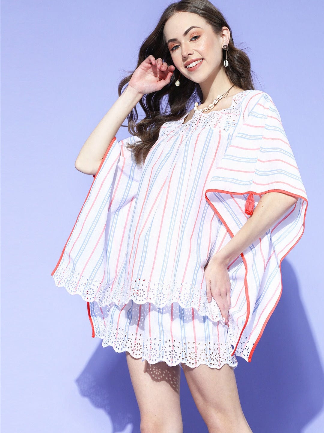 The Kaftan Company Shorts Set White Stripes Schiffli Cotton Lounge set (Final Sale)