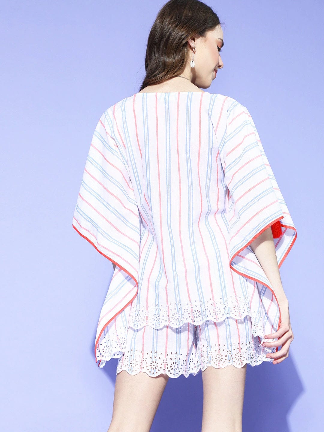 The Kaftan Company Shorts Set White Stripes Schiffli Cotton Lounge set (Final Sale)