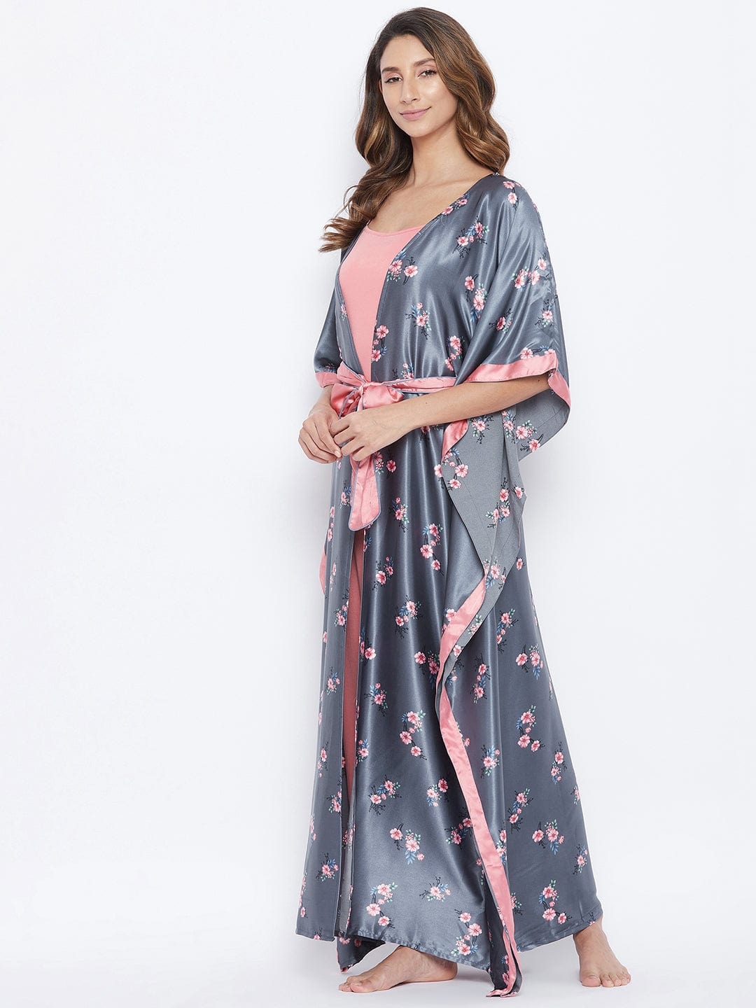 The Kaftan Company Sleep Gowns Grey Florets Satin Gown