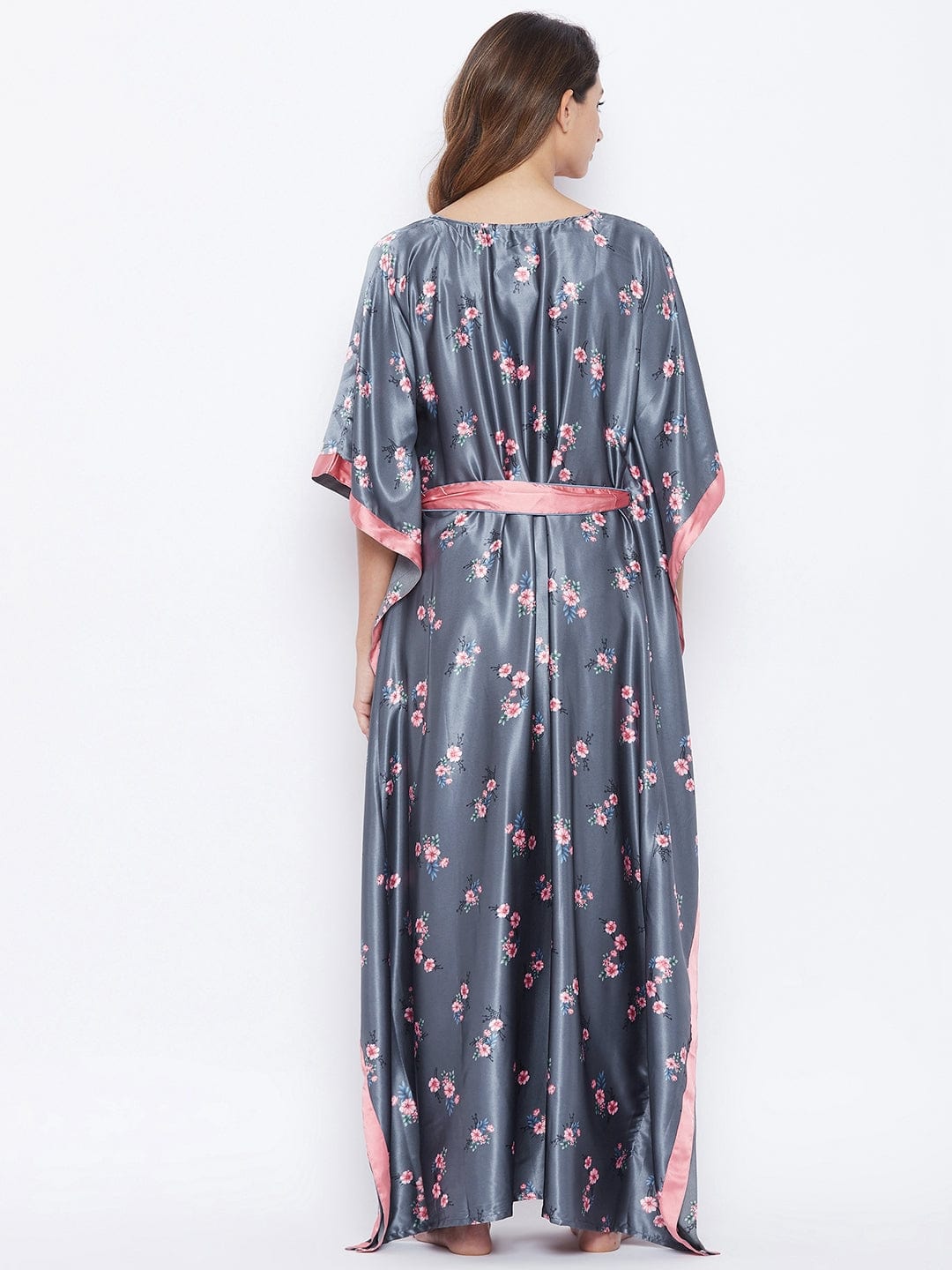 The Kaftan Company Sleep Gowns Grey Florets Satin Gown