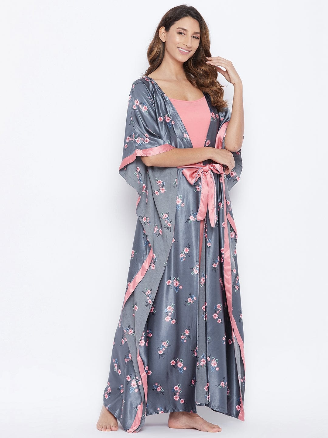 The Kaftan Company Sleep Gowns Grey Florets Satin Gown