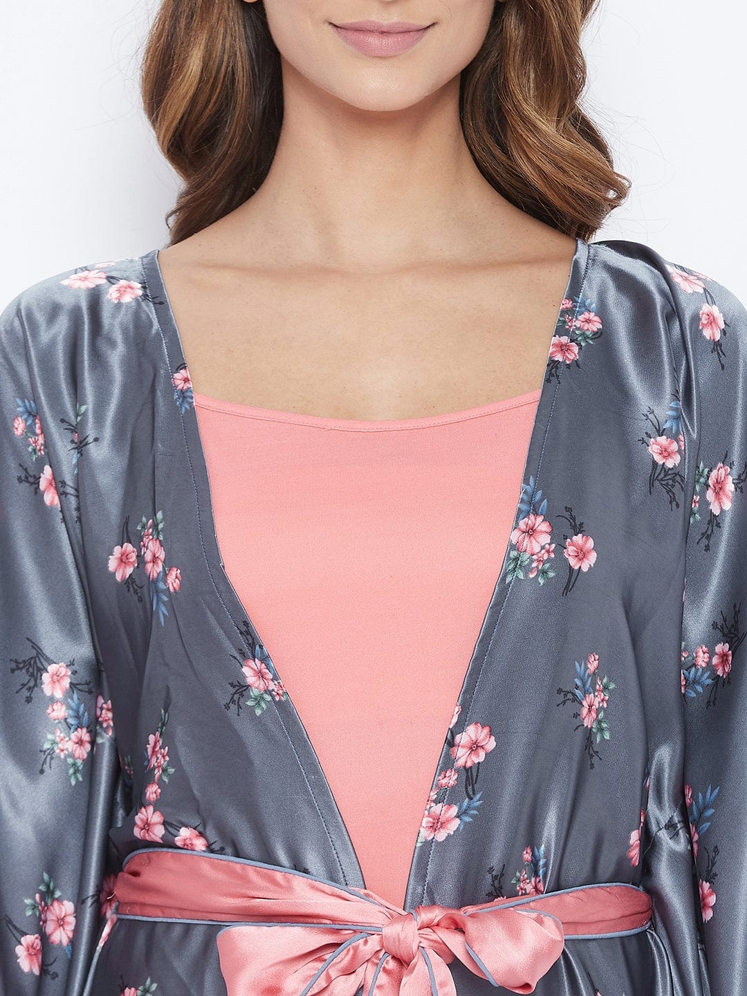 The Kaftan Company Sleep Gowns Grey Florets Satin Gown