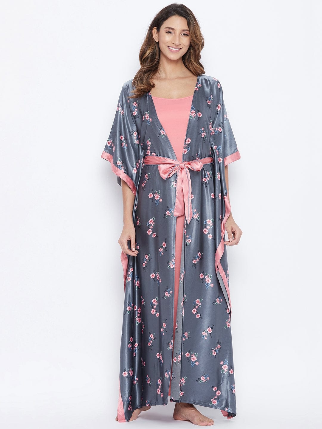 The Kaftan Company Sleep Gowns Grey Florets Satin Gown