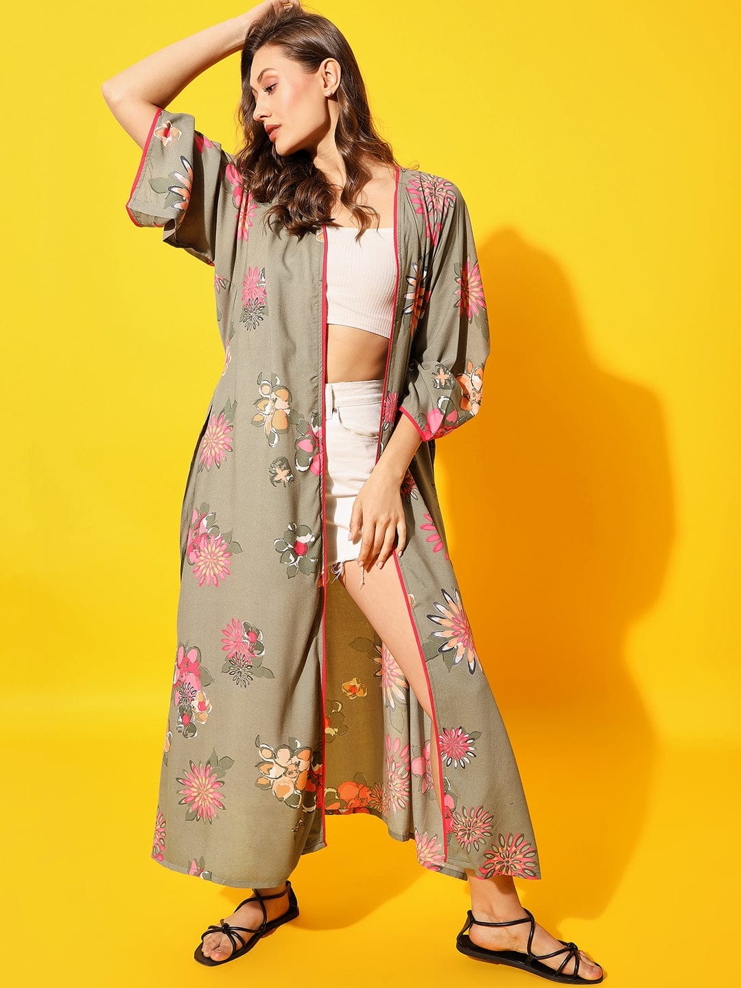 The Kaftan Company Sleep Gowns Olive Flora Kimono Cover-Up