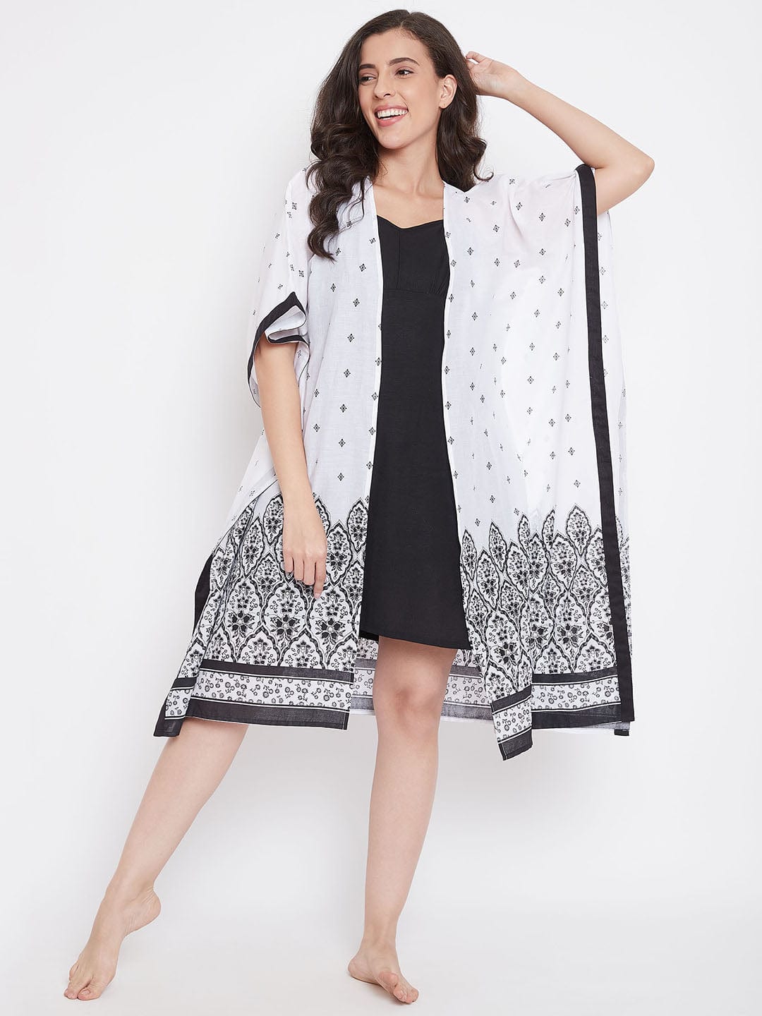 The Kaftan Company Sleep Gowns White Buti Printed Cotton Gown Set - (Clearance - Final Sale)